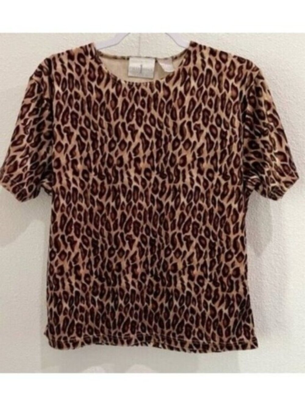 Vintage Velvet Leopard Print Top Boho Mod Retro Pinup Neutral Short Sleeve